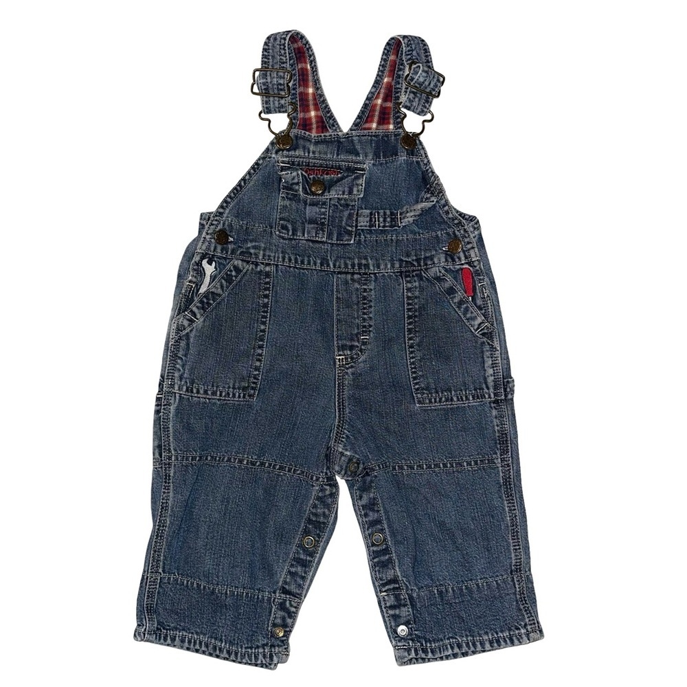 OshKosh B'Gosh VINTAGE Denim Overalls Embroidered Tools Plaid Flannel 6-9 Months